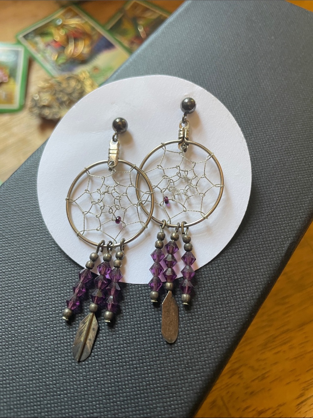 Silver Dreamcatcher Earrings with Purple Beads - Women Jewelry